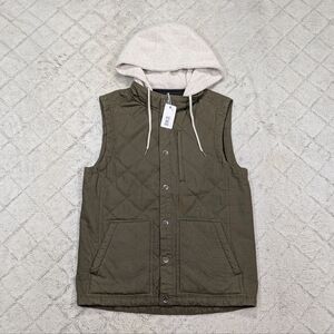 BKE Vest Jacket Mens M Green Olive Hooded Puffer Quilted Cotton Snap NEW